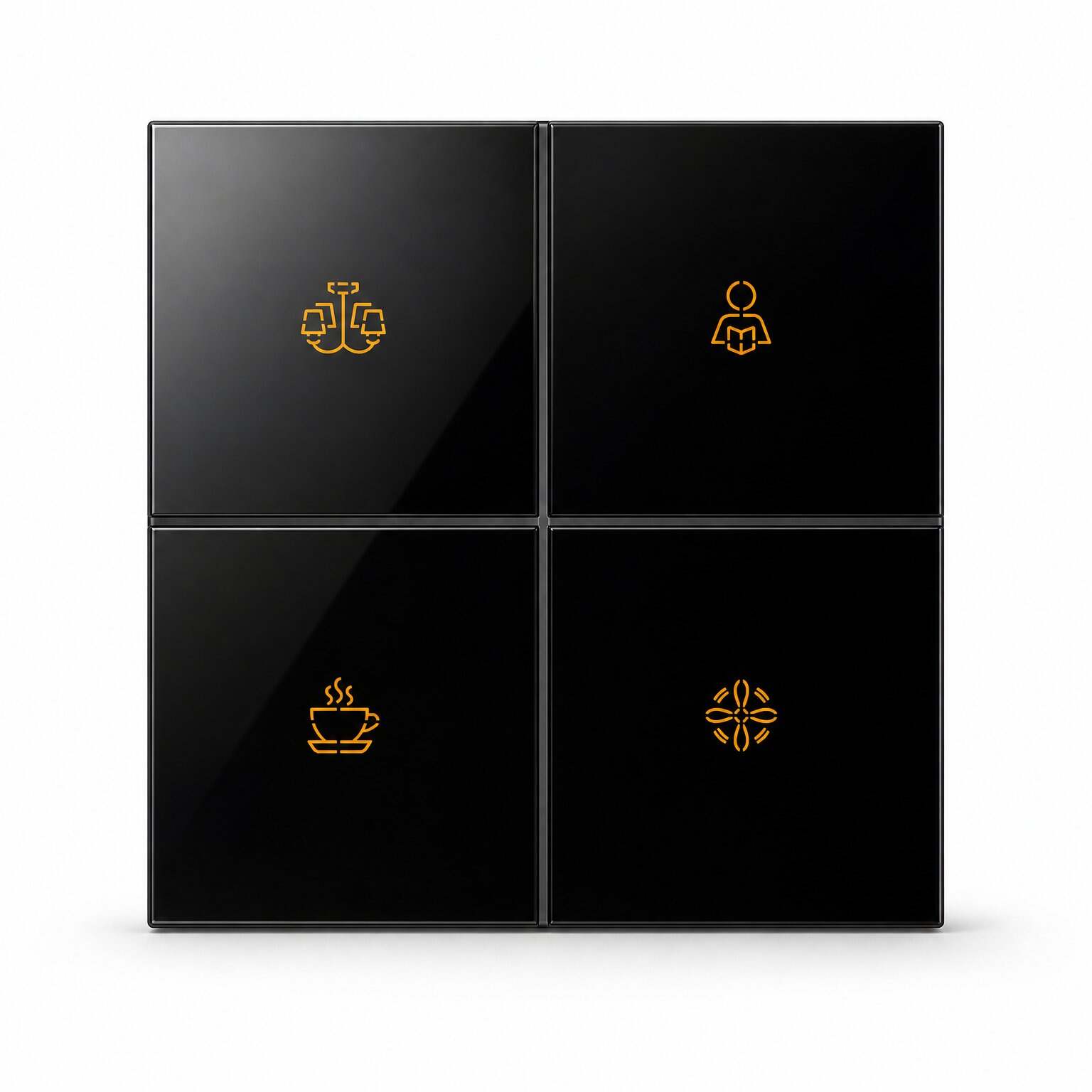 Smart Switches — Black Glass 4-Button Switch with chandelier, reading, tea and ceiling fan icons
