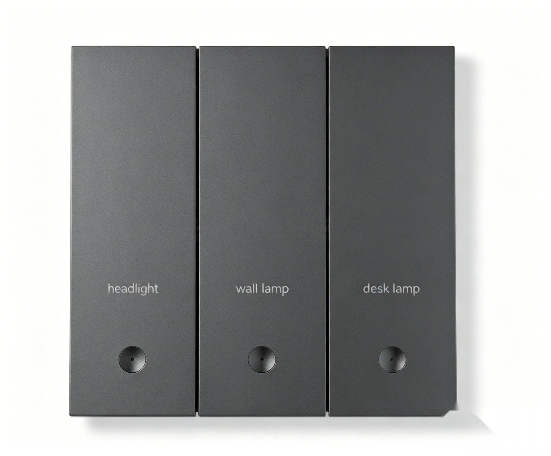 Smart Switches — Dark 3-Button Wall Switch controlling headlight, wall lamp and desk lamp